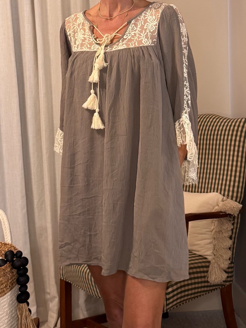 Umgee Taupe Coverup Dress with Cream Lace Trim